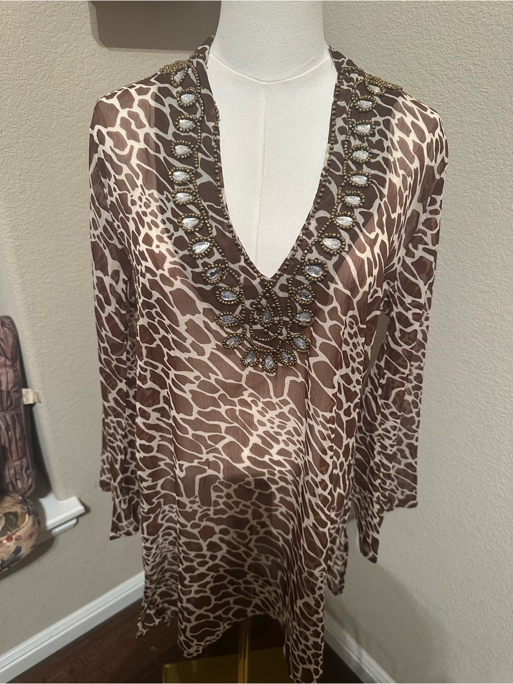 Embellished Brown Animal Print V-Neck Tunic or swimsuit coverup size S/M